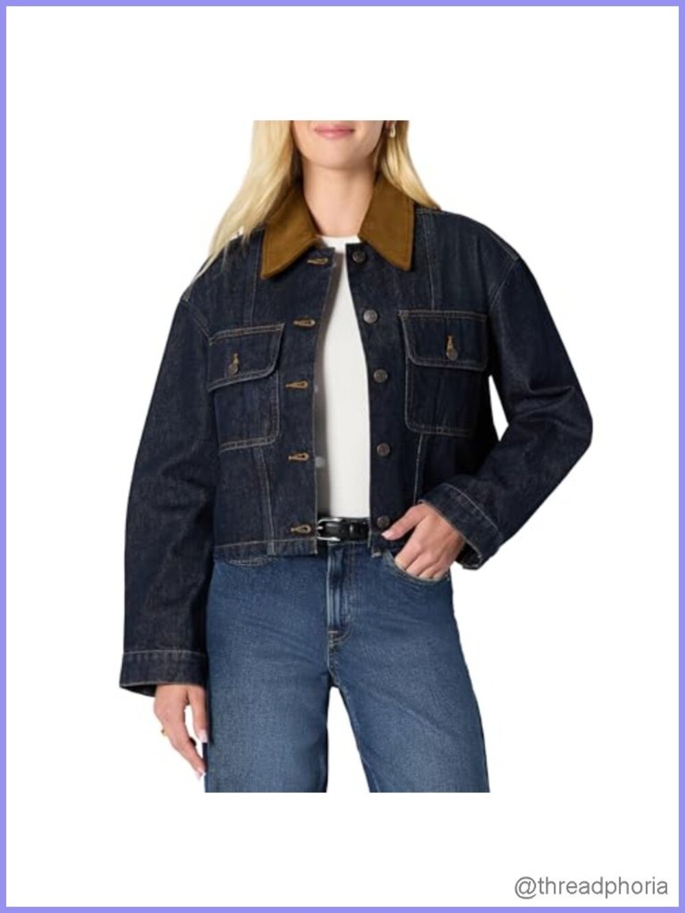 Oversized Cropped Heavyweight Denim Jacket Contrast Corduroy Collar